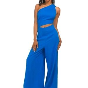 Farm Rio Asymmetric  Blue Jumpsuit, Wide Leg, Asymmetrical Neckline, Size M